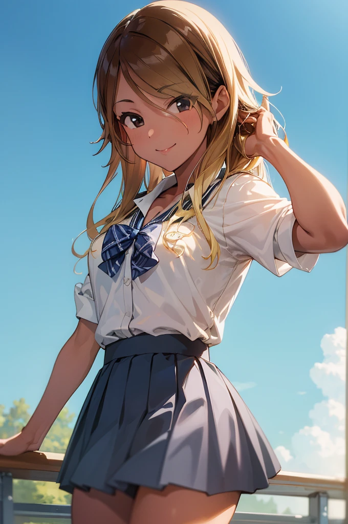 (masterpiece, best quality:1.2), cowboy shot, solo, 1girl, izumi mei, dark skin, dark-skinned female, gyaru, smile, closed mouth, hand in own hair, school uniform, pleated skirt