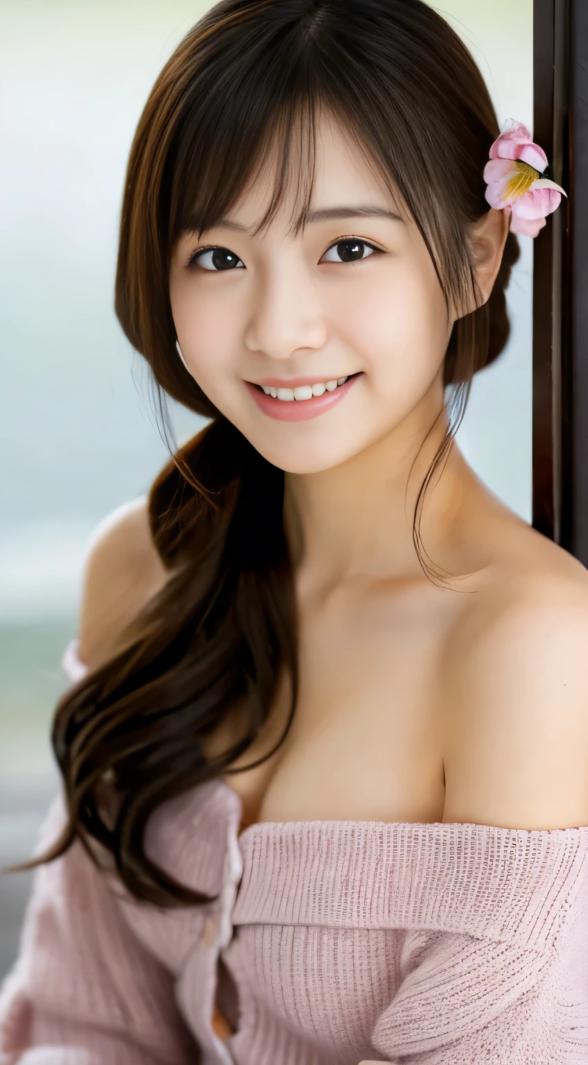 masterpiece,best quality,(Japanese girl),((Beautiful girl)),cleavage,(off shoulder:1.2),(perfect body beauty:1.2),(shy smile)
