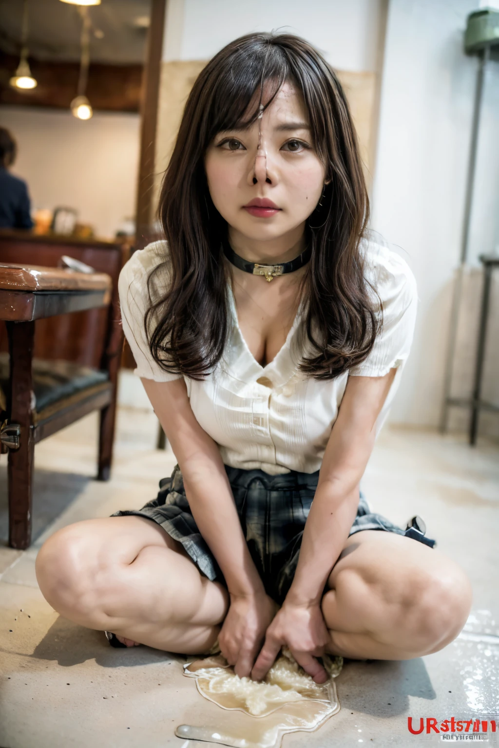 (realistic, photo realistic:1.4), (best quality, masterpiece:1.2), RAW photo, high resolution , intricate details, extremely detailed, cinematic lighting, full body, frontal photography, (view from below:1.2), looking at viewer, solo, a beautiful Japanese adult female, (pretty woman), (large breasts), (blouse, skirt, sandals:1.3), (detailed face, detailed eyes, sophisticated nose), pale skin, shiny skin, sweaty, (sitting with open legs wide, hands on legs, peeing self, pee stain, urination:1.8), (pee puddle:1.3), (metal collar, o-ring, nose hook, strap:1.6), photo background, indoors, cafe, daytime, (crowd in background:1.4)