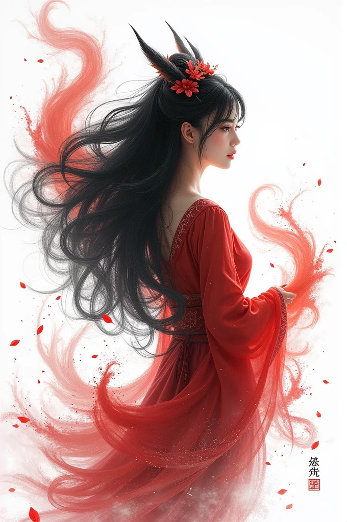 (Mythical Beast), Nine-tailed Fox, Dynamic body shape, (Chinese Monster), Handsome, splashed Ink, Chinese, 1 Girl, ((whole body), ((2.5D)), Flowing hair, beautiful eyes, Exquisite eyes, Delicate silhouette, Fantasy Art, (Black and red ancient brocade Hanfu), Field of view, (masterpiece), front Photo, Profile portrait, White background, (Movie Posters), sharp, splash, cloud, petal, Empty, Sky, (Wide-angle lens), Vista