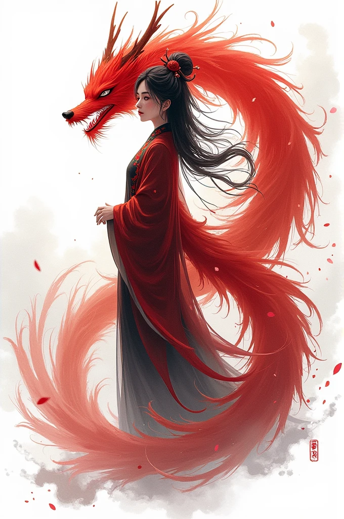 (Mythical Beast), Nine-tailed Fox, Dynamic body shape, (Chinese Monster), Handsome, splashed Ink, Chinese, 1 Girl, ((whole body), ((2.5D)), Flowing hair, beautiful eyes, Exquisite eyes, Delicate silhouette, Fantasy Art, (Black and red ancient brocade Hanfu), Field of view, (masterpiece), front Photo, Profile portrait, White background, (Movie Posters), sharp, splash, cloud, petal, Empty, Sky, (Wide-angle lens), Vista