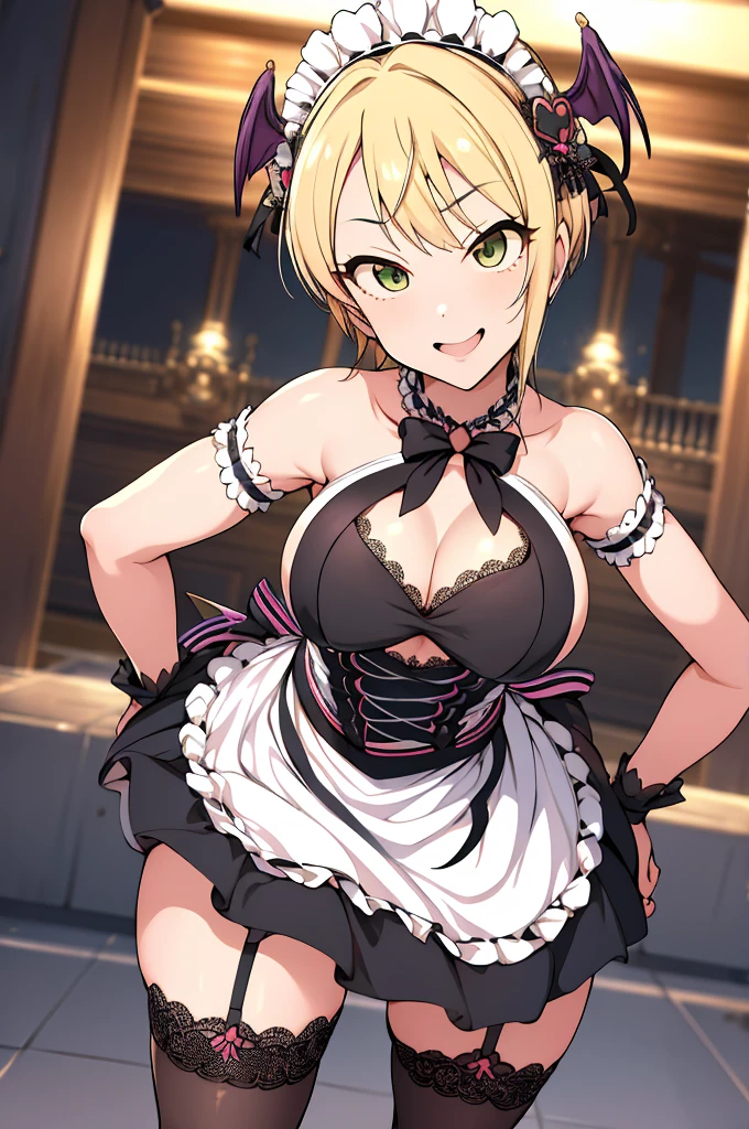 masterpiece, best quality, highres, hmfre, blonde hair, head wings, hair ornament, maid headdress, bow, bare shoulders, maid, cleavage cutout, black gloves, apron, garter straps, black thighhighs, idolmaster cinderella girls, smile, standing, cowboy shot, arms at sides, straight-on, outdoors