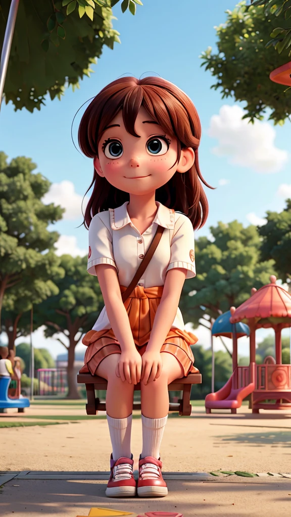 Show Mia sitting alone on a swing in a cheerful playground, looking down and feeling shy and sad."