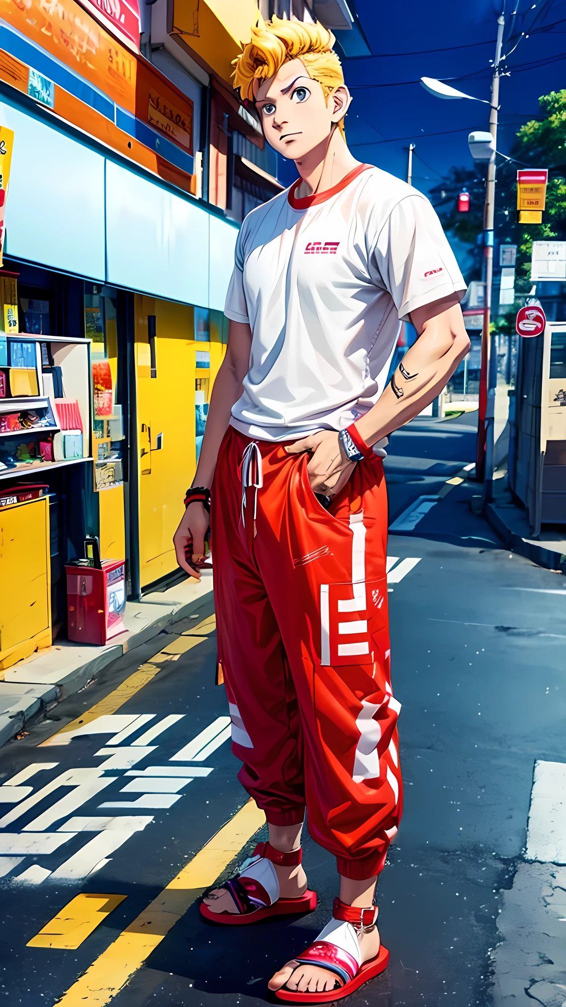 PHOTO OF AN ADULT MALE ANIME CHARACTER NAME "TAKEMICHI HANAGAKI" WITH SHORT YELLOW PUNK HAIR WITH HIP-HOP CLOTHES, AS WELL AS HIP-HOP TROUSERS, RED FLOP SANDALS, AND AN ABSTRACT CALLIGRAPHY BACKGROUND.