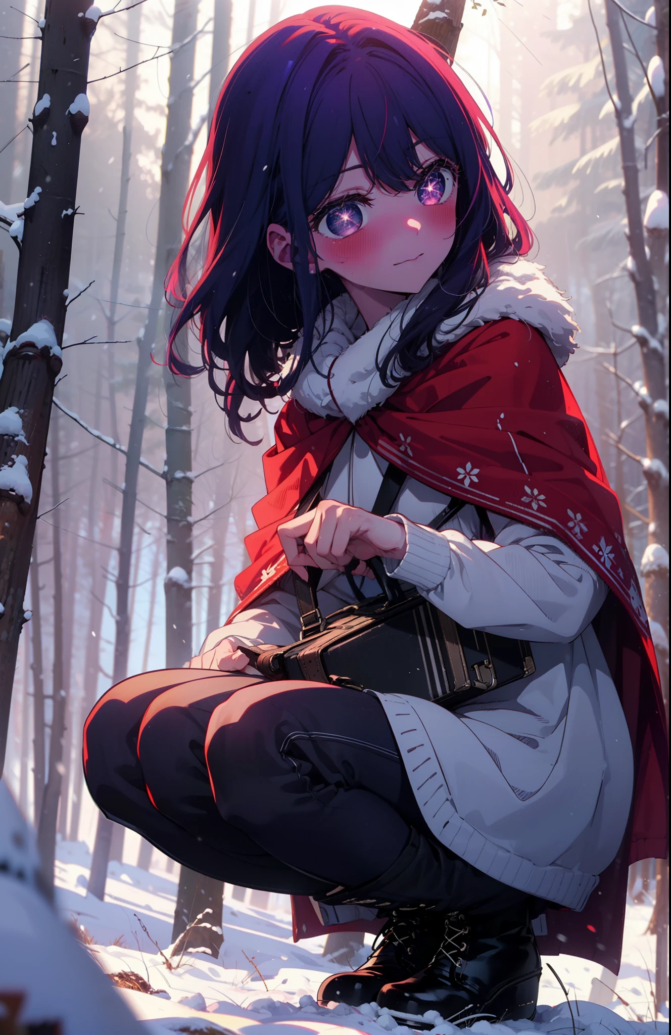 aihoshino, Ai Hoshino, Long Hair, bangs, (Purple eyes:1.1), Purple Hair, (Symbol-shaped pupil:1.5), smile,,smile,blush,white breath,
Open your mouth,snow,Ground bonfire, Outdoor, boots, snowing, From the side, wood, suitcase, Cape, Blurred, , forest, White handbag, nature, Squat, Mouth closed, Cape, winter, Written boundary depth, Black shoes, red Cape break looking at viewer, Upper Body, whole body, break Outdoor, forest, nature, break (masterpiece:1.2), Highest quality, High resolution, unity 8k wallpaper, (shape:0.8), (Beautiful and beautiful eyes:1.6), Highly detailed face, Perfect lighting, Highly detailed CG, (Perfect hands, Perfect Anatomy),