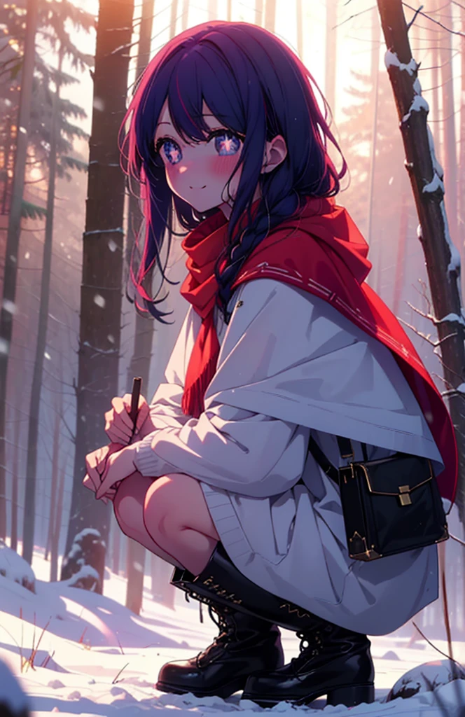 aihoshino, Ai Hoshino, Long Hair, bangs, (Purple eyes:1.1), Purple Hair, (Symbol-shaped pupil:1.5), smile,,smile,blush,white breath,
Open your mouth,snow,Ground bonfire, Outdoor, boots, snowing, From the side, wood, suitcase, Cape, Blurred, , forest, White handbag, nature,  Squat, Mouth closed, Cape, winter, Written boundary depth, Black shoes, red Cape break looking at viewer, Upper Body, whole body, break Outdoor, forest, nature, break (masterpiece:1.2), Highest quality, High resolution, unity 8k wallpaper, (shape:0.8), (Beautiful and beautiful eyes:1.6), Highly detailed face, Perfect lighting, Highly detailed CG, (Perfect hands, Perfect Anatomy),