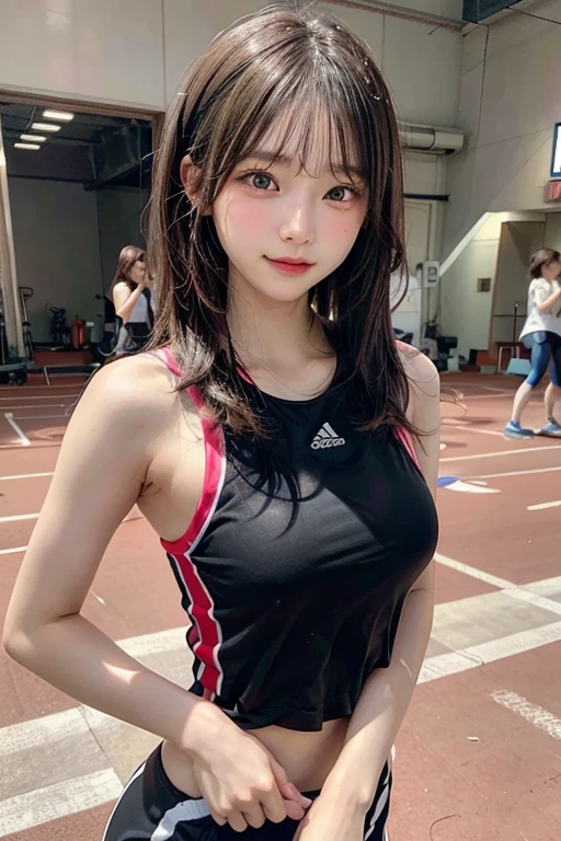 A young and cute 20-year-old woman、Tight Japanese sportswear, Tight Japanese national team sports pants、Beautiful skin with little makeup、Beautiful Eyes, Beautiful Lips, Sweat, Beautiful Eyes, Beautiful D Cup Breasts, Trendy hairstyle、Track in track and field
