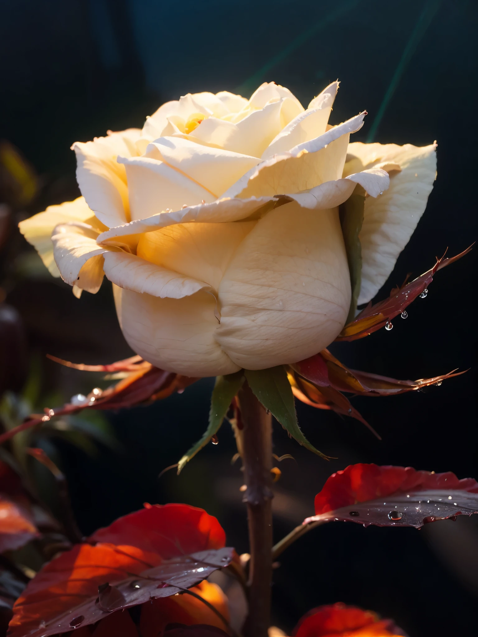 macro photography, drops of dew on the petals, dark blue rose, morning dew, golden hour, god rays, Hyperrealistic art cinematic film still photography in the style of detailed hyperrealism photoshoot. [Entire scene is surrounded by mist, evoking a mysterious and eerie atmosphere. The lighting is dark and atmospheric, with smoke adding a touch of sinister ambiance. Best quality image, HDR enhancement, showcasing the utmost level of detail and realism, full body shot:1.5]. [8K, Best Quality, Ultra High Resolution, (highly detailed CG unity 8k wallpaper), (best photo), (best shadows), isometric 3D, octane rendering, ray tracing, highly detailed, (Best quality, 4K, 8k:1.2), absurdity, ultra detailed, (realistic, photorealistic, photorealistic:1.37), complex parts, HDR, (complex parts:1.12), (hyper detailed, hyper realistic, Soft lighting, spicy:1.2), (complex parts, Hyper detailed:1.15). Blurred foreground. (backlit), masterpiece, high quality, brightness, chromatic aberration, foggy smoke, shadows, contrast, clear sky, (warm hue, warm tone), high details, natural reflections].