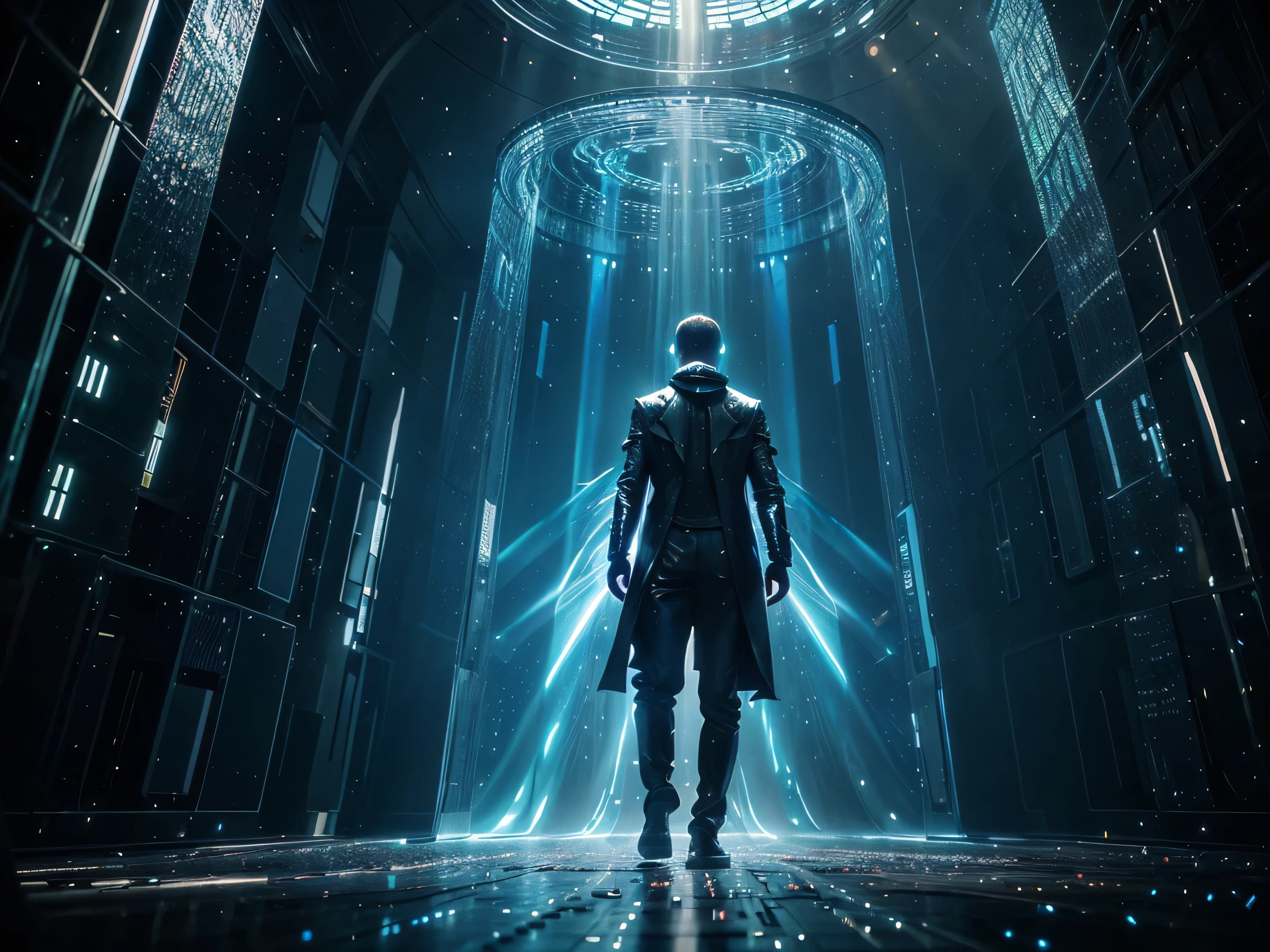 Within the depths of a holographic virtual time portal, a mysterious figure stands shrouded in shimmering, ethereal light. This captivating photograph captures the essence of otherworldly wonder, as if the individual is glimpsing through the fabric of time itself. The image, resembling a futuristic digital painting, showcases intricate details and vivid colors, immersing viewers in a mesmerizing display of technological artistry. Each pixel is carefully crafted to evoke a sense of awe and intrigue, inviting the audience to explore the boundaries of reality and imagination.