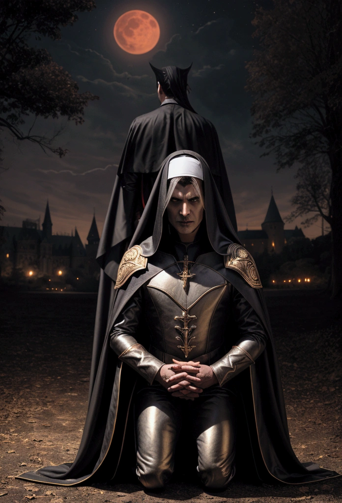 Title: The title “Nations of Darkness” uses a gold font with a three-dimensional metallic effect. Primary Character: A silver-haired, red-eyed vampire named David, wearing a European-style tuxedo and a long black cape on his back. Secondary Characters: A dark-haired female vampire and a white-haired nun kneeling down and submitting to the vampire David. Background: a highly accurate realistic background, at night, with a European-style castle behind it, woods on either side, and a red moon in the sky