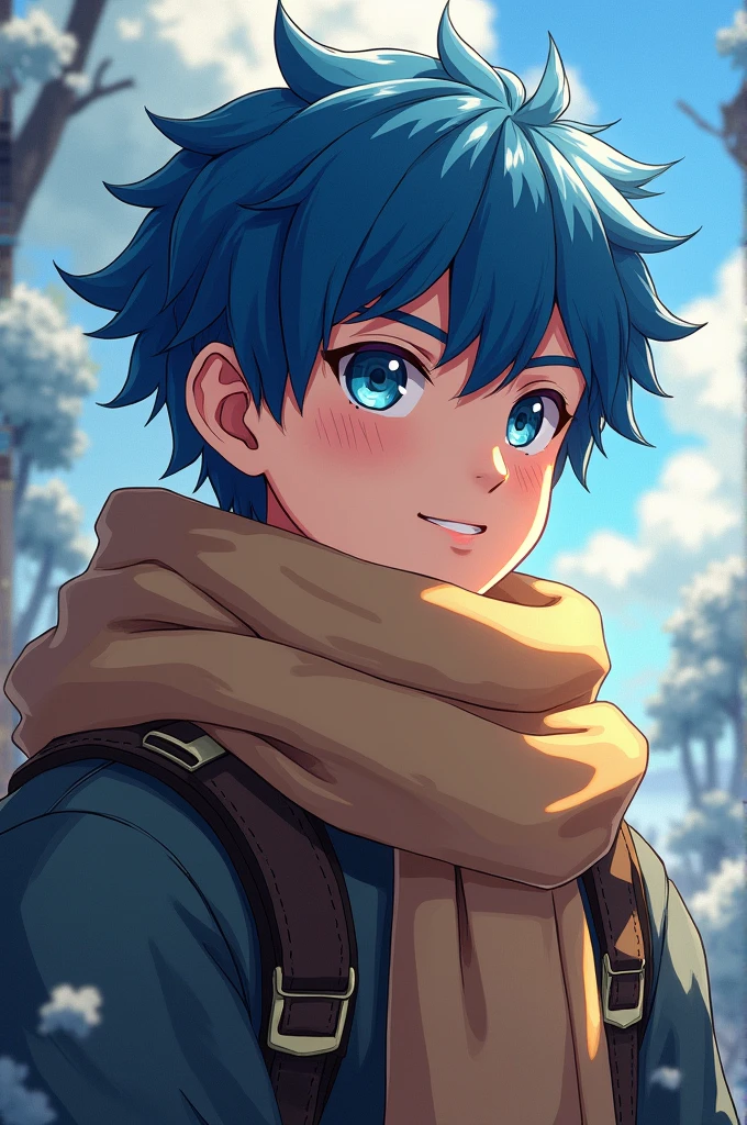 Anime boy with blue scarf and brown hair, 2. 5D CGI Anime Fantasy Art, for real, Digital Animation Art, Detailed Digital Animation Art, Hero 2d Doujin Art Collection, Premium Digital Animation Art, artger Details, Profile picture 1024px, Fantasy style anime, High quality anime digital art, 4k comics wallpaper, 8K, best quality, masterpiece: 1.2, Pixel avatar style,
