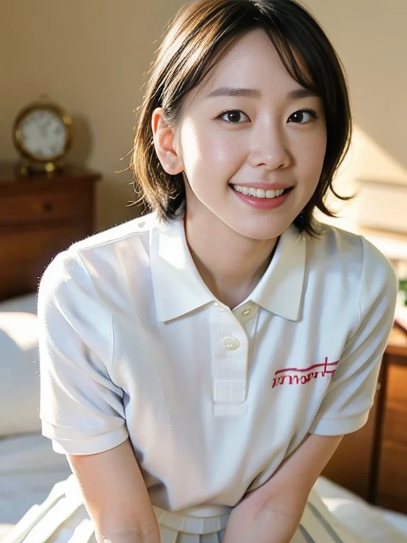 (Masterpiece, Best quality: 1.2), (Ultra realistic, Photo-realistic: 1.2), From above, From side, Sitting, (Seductive pose: 1.1), Looking at viewer, Natural light, 28 years old actress, Japanese women, Slender, Neat and clean, ponytail hairstyle, Short wavy hair, ((Wearing white tennis uniform, White short-sleeve polo shirt: 1.2)), (unbutton: 1.2), ((Wearing White tennis pleated skirt: 1.3)),  Wearing white sock, (Beautiful face), Oval face, clear, Beautiful eyes, Kind eyes, Clear skin, Small face, Beautiful mouth, Small mouth, Natural makeup, Approachable, Seductive smile, Beautiful thighs, (Bedroom eyes: 1.1), Embarrassed, Blush, Luxury hotel Suite room, On bed,