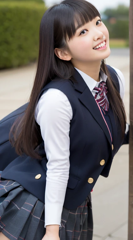 high quality、masterpiece、((blazer、Check skirt、school uniform))、Turn around and look at me、Japanese women、19 years old、Low Angle、The wind blows and my skirt flutters、Very sensitive skin、Fair skin、Young Face、look at me、Slim figure、Underwear is biting into、Great smile、Turn around and look at me