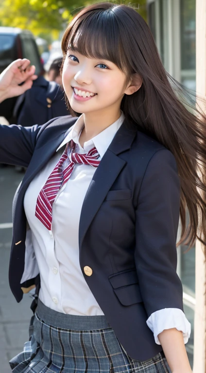 high quality、masterpiece、((blazer、Check skirt、school uniform))、Turn around and look at me、Japanese women、19 years old、Low Angle、The wind blows and my skirt flutters、Very sensitive skin、Fair skin、Young Face、look at me、Slim figure、Underwear is biting into、Great smile、Turn around and look at me