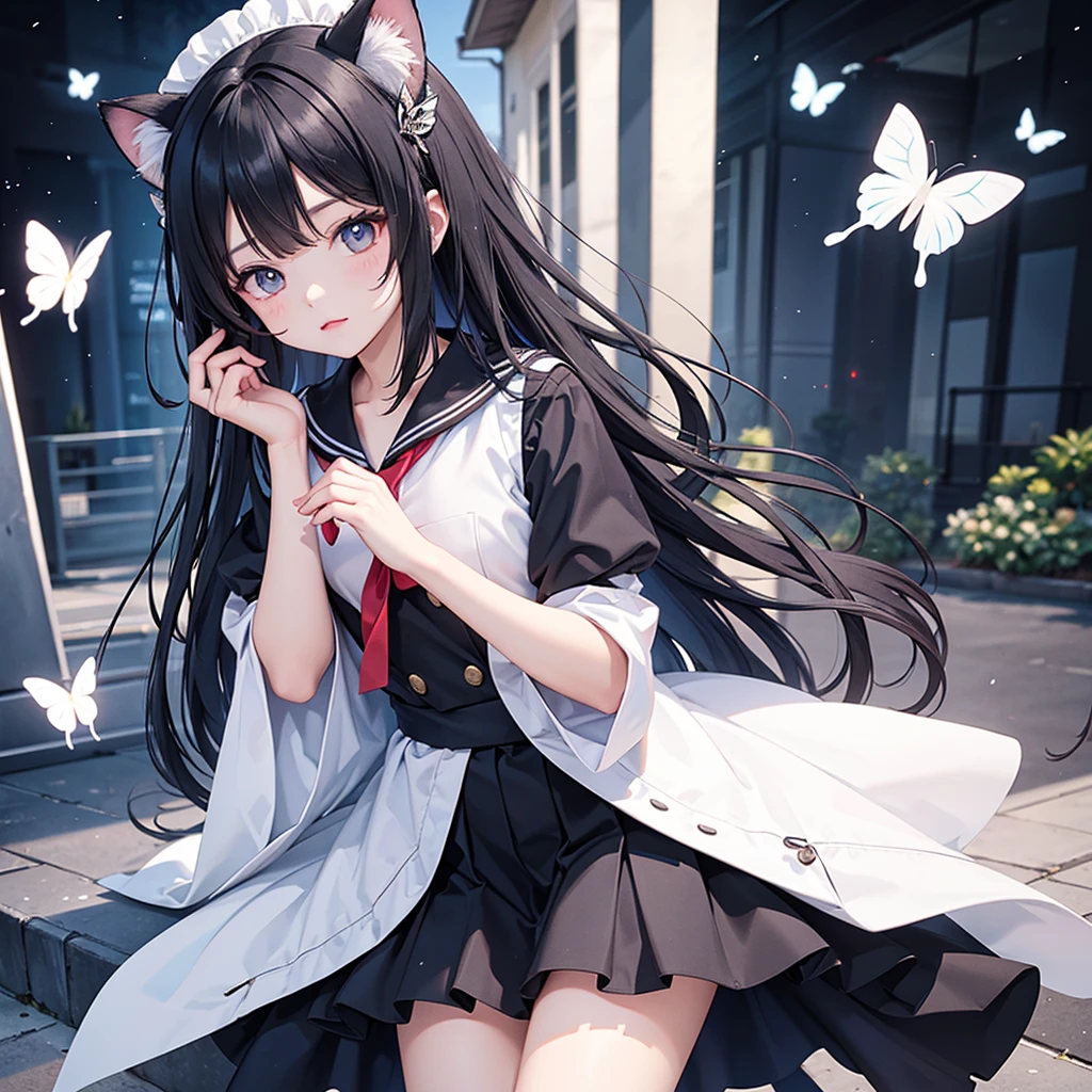 Waist-length hair,Black hair,masterpiece,Ultra Detailed,Cat ear,Second Dimension,Teenage Girl,Butterfly headdress,Sailor Suit,Two-color eyes--automatic