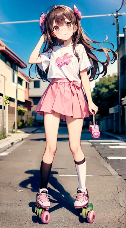 Highest quality、((Dark brown long hair、Two Side Up))、(((Pink Roller Blades、Protector set)))、Smiling cute junior high school girl、Short sleeve shirt、skirt、Round droopy eyes