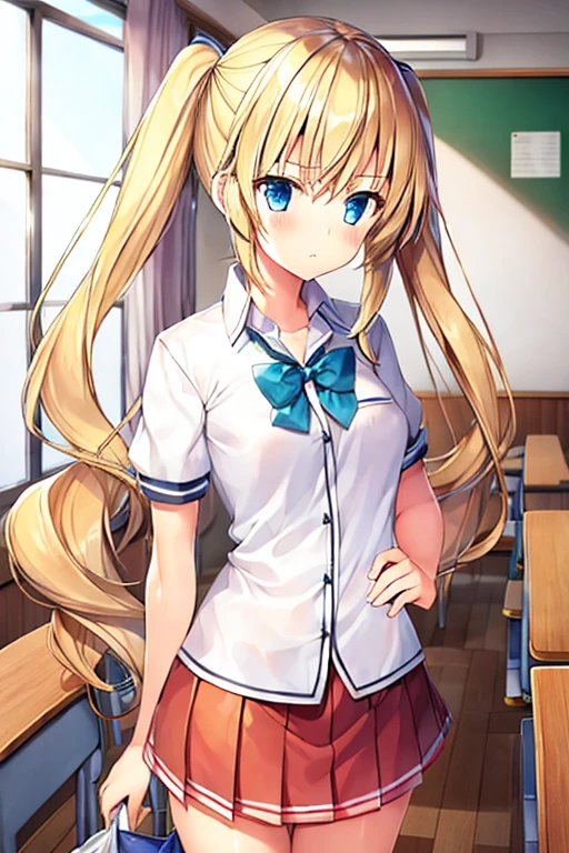 Girl, teenage, blonde, poor breast, small height, long hair, twin-tail, school uniform, in classroom, Lolita, neat
