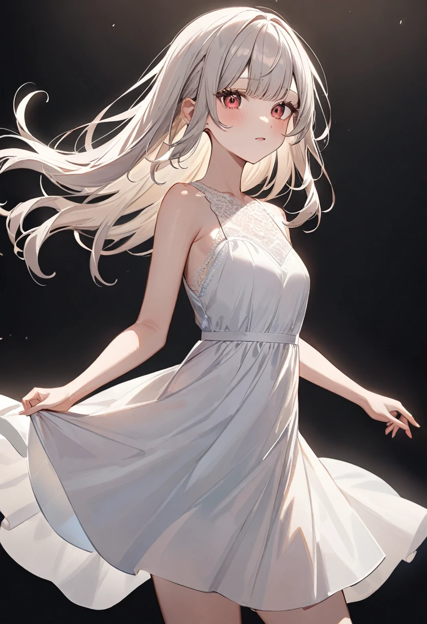 (masterpiece, top quality, very aesthetic, 4k、illustration), intricate detail, 1woman,、solo,contrapposto 、Strong glowing eyes、,(cowboy shot)、、(),beautiful face、(from side)、serious、straight hair、(red to white gradient hair)、,middle hair,sidelock ,レッド　eyes、white lace Summer Dresses、small breasts、Slim 、dim　background