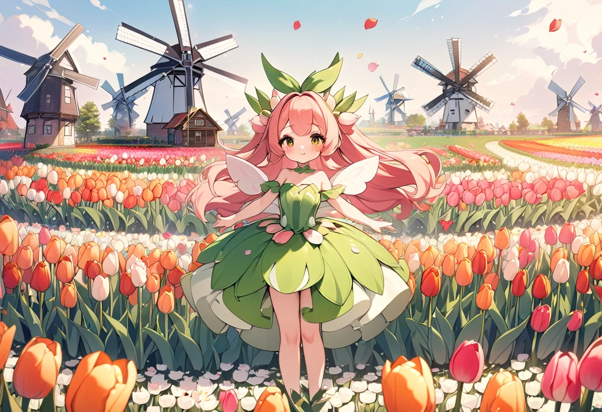 (High definition, 8k), Anime characters, ((Tulip Fairy, Tulip-themed clothing and hairstyle, Big tulips, Girl among petals)), Tulip Fields, windmill in the distance, High quality fan art