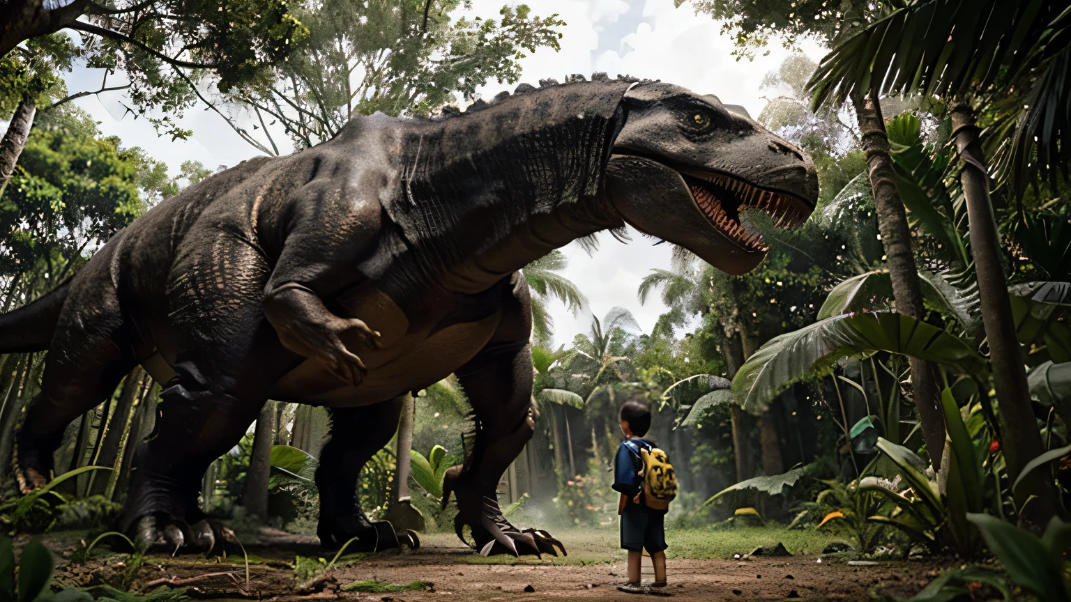 A wide shot of a dense prehistoric jungle clearing. A young boy, about with short black hair carrying a black backpack, stands in the center facing a massive T-Rex. The T-Rex towers over the boy, with the lush jungle and ancient trees surrounding them."
