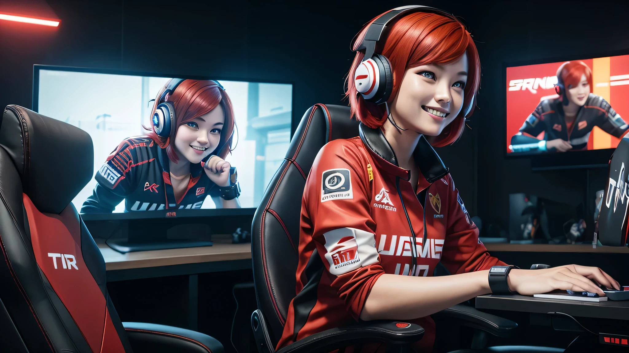Gamer girl, red hair, bob hair, short hair, sitting in gaming chair, using headset, tournament Atmosphere, smiling, chinese, facing away, fist bump her teammate, best quality, 8k, ultra realistic