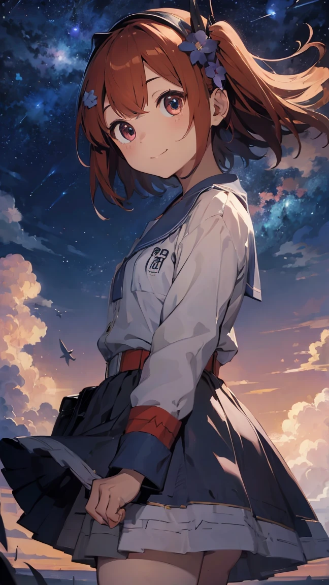 masterpiece, Highest quality, High resolution, Very detailed,(((Seiun Sky))), Beautiful blue dress、blue flower、smile、Skirt fluttering in the wind、Night Sky、meteor、Beautiful Eyes、Thin body type、thin