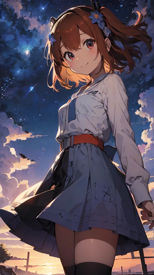 masterpiece, Highest quality, High resolution, Very detailed,(((Seiun Sky))), Beautiful blue dress、blue flower、smile、Skirt fluttering in the wind、Night Sky、meteor、Beautiful Eyes、Thin body type、thin