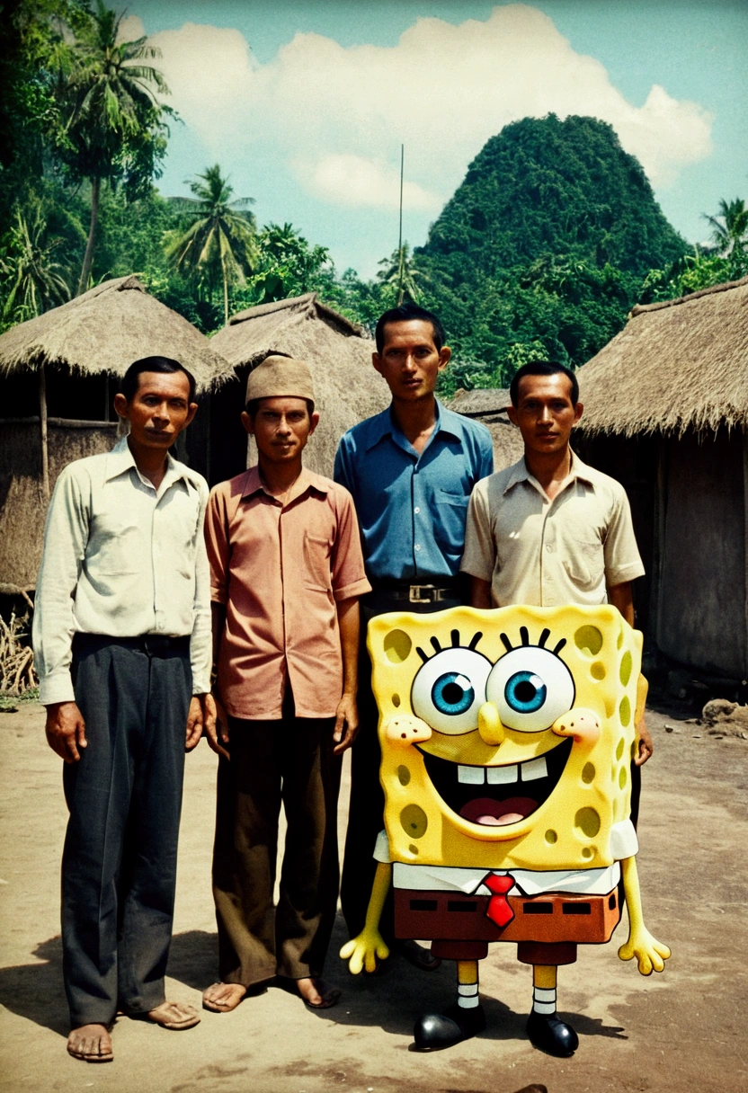 Vintage. A group of Javanese  village, standing with a 2 meter spongebob.colored Grainy CCTV footage. with time stamp.