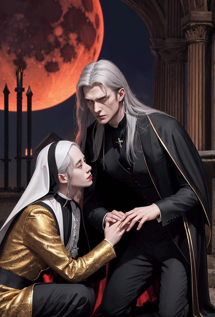 Title: The title “Nations of Darkness” uses a gold font with a three-dimensional metallic effect. Primary Character: A silver-haired, red-eyed vampire named David, wearing a European-style tuxedo and a long black cape on his back. Secondary Characters: A dark-haired female vampire and a white-haired nun kneeling down and submitting to the vampire David. Background: a highly accurate realistic background, at night, with a European-style castle behind it, woods on either side, and a red moon in the sky