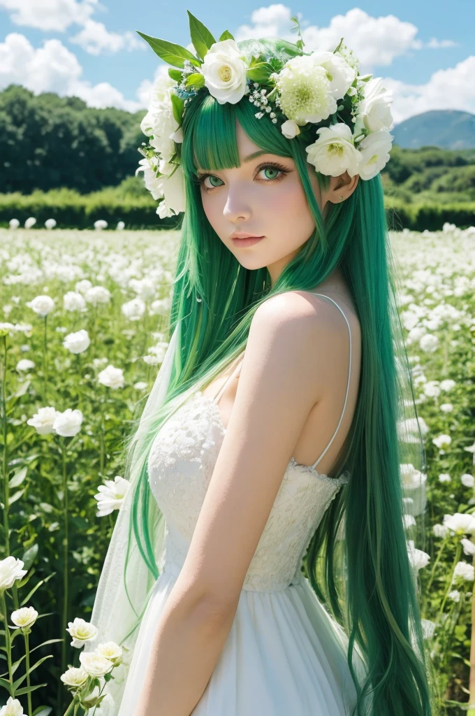 Green Hair　Long Hair　Green Eyes　dress　Beautiful white woman flower field　Flowers on head