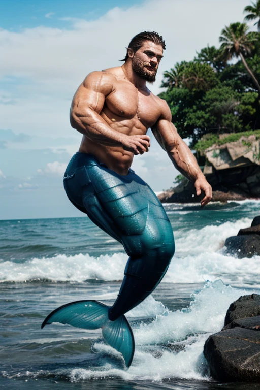 muscle male mermaid, merman, muscles, male bodybuilder, blue mermaid tails, short beard, black longhair, jumping from water, water wave, water twister, rocks, wallpaper