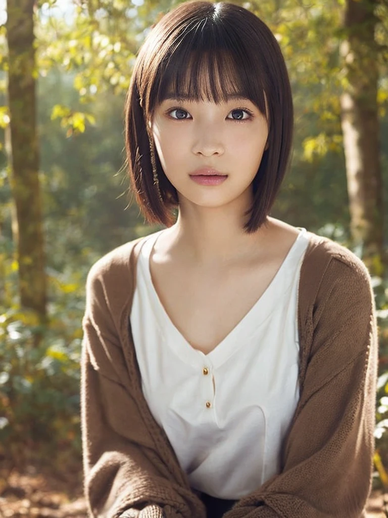 One Girl, (beautiful girl, Delicate girl:1.3), (14 years old:1.3),
break, (Cardigan Costume:1.3),
break, (Sitting in the forest:1.2),
break, Very beautiful eyes, (Symmetrical eyes:1.3),
break, Small breasts, Brown eyes, Parted bangs, Brown Hair, (Upper teeth, The best smile:0.2),
break, (Eye and facial details:1.0),
break, (masterpiece, Highest quality, Very detailed, Detailed face, 8k)