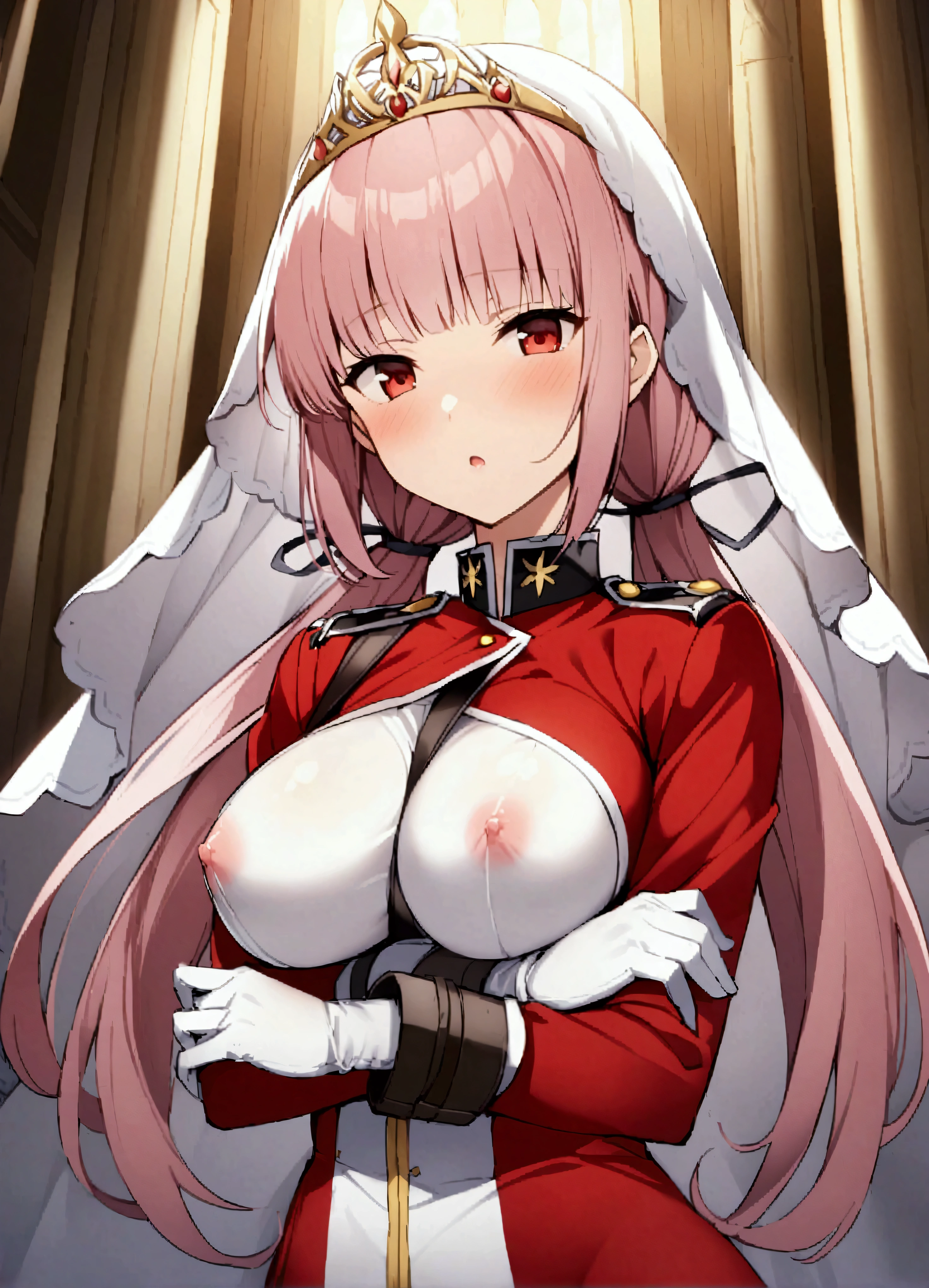 score_9、score_8_up、score_7_up、score_6_up、source_アニメ、、One woman、dress、ウェディング dress、gloves、Red eyes、solo、(Huge breasts:0.7)、白いgloves、白いdress、Florence Nightingale (Fate)、ブライダル Veil、Braiding、Veil、Pink Hair、church、flower、tiara、Long Hair、Staring at the audience、肘のgloves、Open lips、bangs、flower嫁、Braidingのポニーテール、flowerびら、Covered nipples、choker