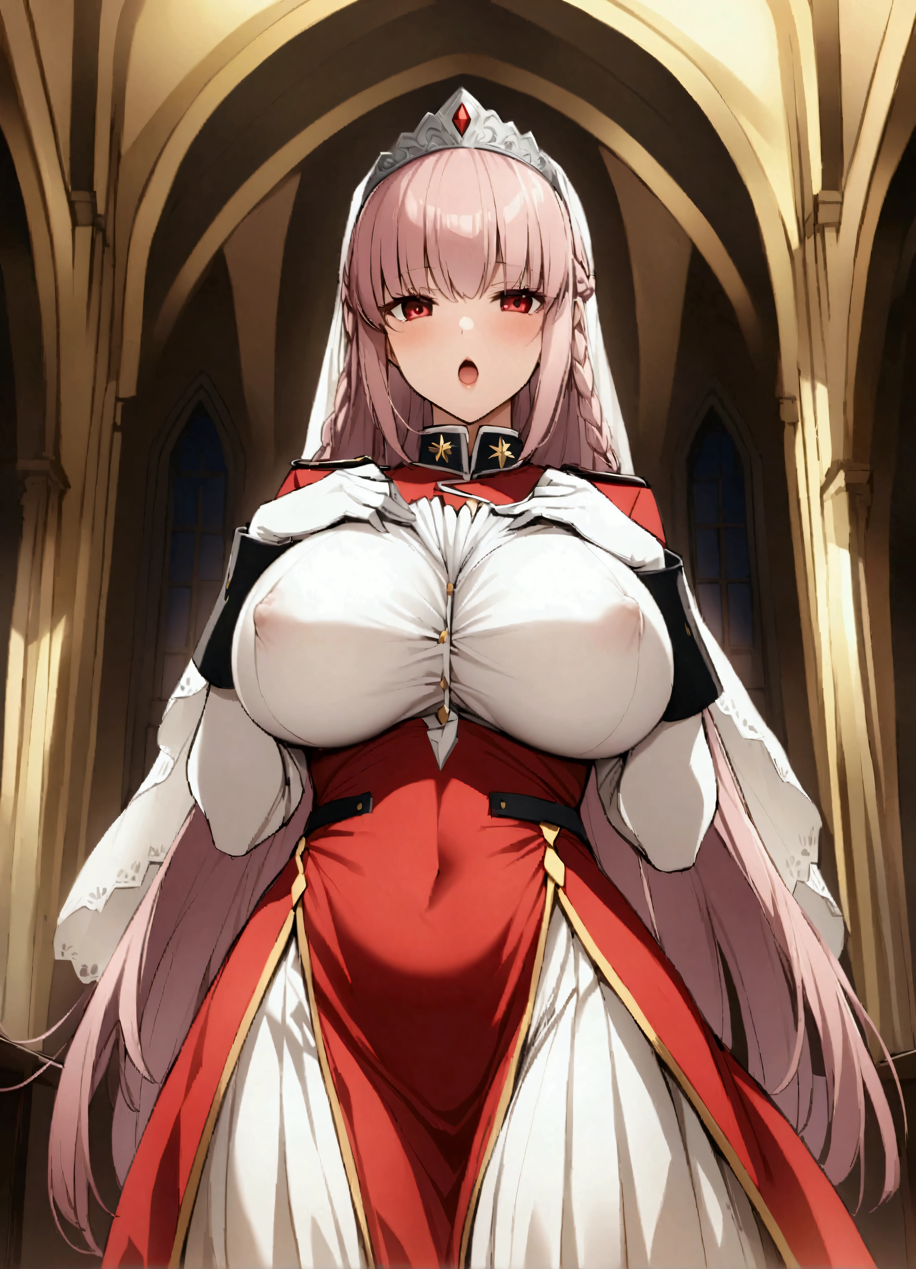 score_9、score_8_up、score_7_up、score_6_up、source_アニメ、、One woman、dress、ウェディング dress、gloves、Red eyes、solo、(Huge breasts:0.7)、白いgloves、白いdress、Florence Nightingale (Fate)、ブライダル Veil、Braiding、Veil、Pink Hair、church、flower、tiara、Long Hair、Staring at the audience、肘のgloves、Open lips、bangs、flower嫁、Braidingのポニーテール、flowerびら、Covered nipples、choker