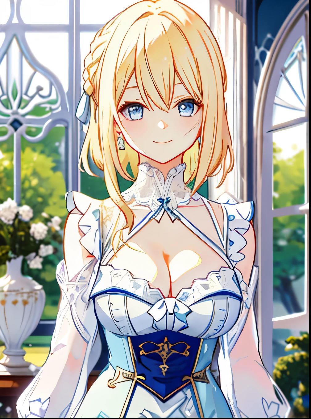 1girl, blonde hair, blue eyes, wearing french dress, standing on a home, window, mansion, smirk, cleavage, breast, shoulder