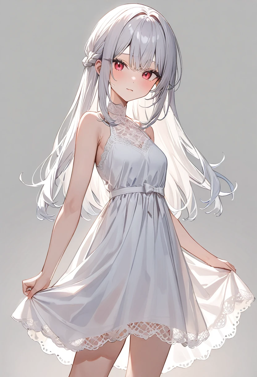 (masterpiece, top quality, very aesthetic, 4k、illustration), intricate detail, 1woman,、solo,contrapposto 、Strong glowing eyes、,(cowboy shot)、、(),beautiful face、(from side)、serious、straight hair、(red to white gradient hair)、,middle hair,sidelock ,レッド　eyes、white lace Summer Dresses、small breasts、Slim 、dim　background