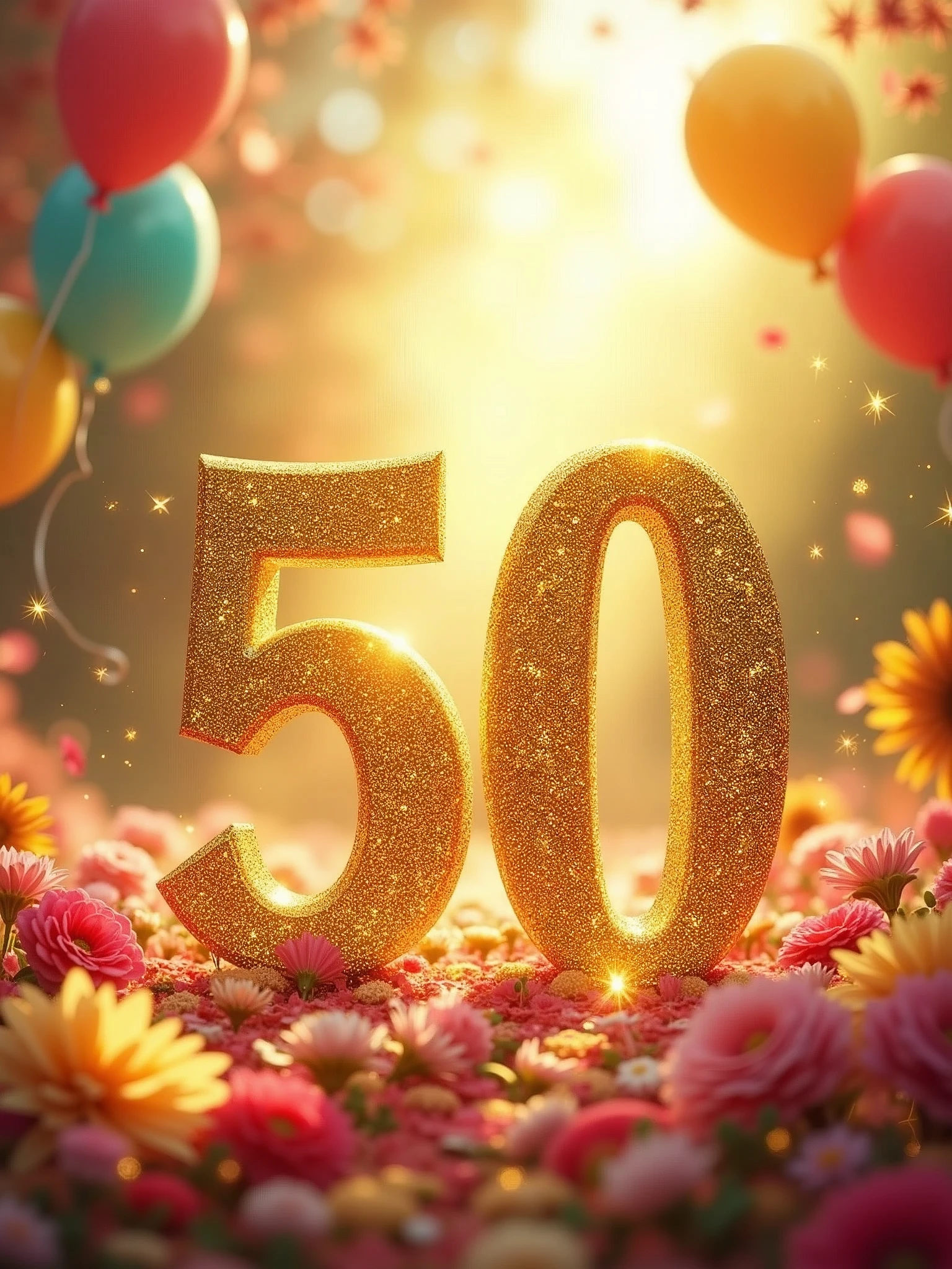 golden jubilee image with a sparlikng golden 50 amd lots of flowers and balloons