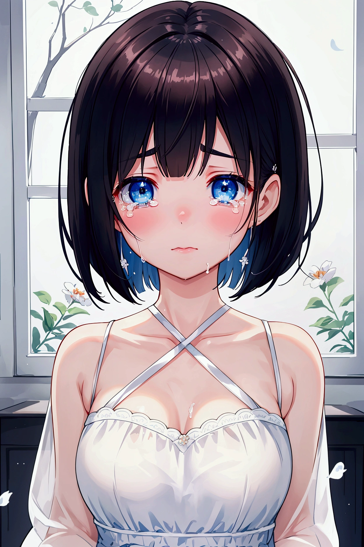 Photorealistic、Highest quality、Highest Resolution、Highest quality、16K、A beautiful woman crying、Cute face、Delicate face、sad、Bob cut hair、Dark Hair Color、Pale blue eyes、Beautiful breasts、Inside the house、Crying、