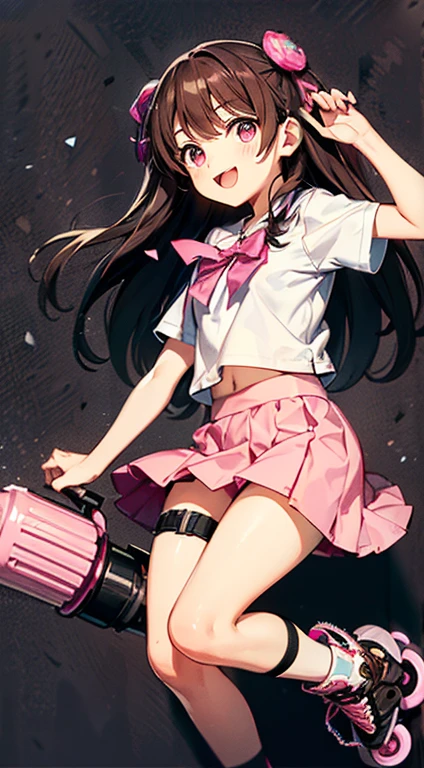 Highest quality、((Dark brown long hair、Two Side Up))、(((Pink Roller Blades、Knee and elbow protectors)))、Smiling cute junior high school girl、Short sleeve shirt、skirt、Round droopy eyes