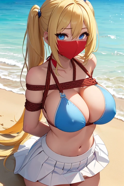 1 girls, (detailed light blue eyes, lange wimpern, detailed beautiful face:1.2), 4k quality, twintails, zwei Seiten nach oben haare, (Long blonde hair:1.5), (arms behind back:1.3), (big breasts:1.6), (blushing:1.3), long hair, hair between eyes, (White skirt that gets lifted up, weißer Bikini mit seitenschnürung, Red rope, 18 years old:1.5), (bondage:1.3), erhobene Augenbrauen, pralle Brüste, OTN, White Gag, gagged, (liegend:1.5), (laying on a Sunny beach near water:1.6), looking at the Viewer