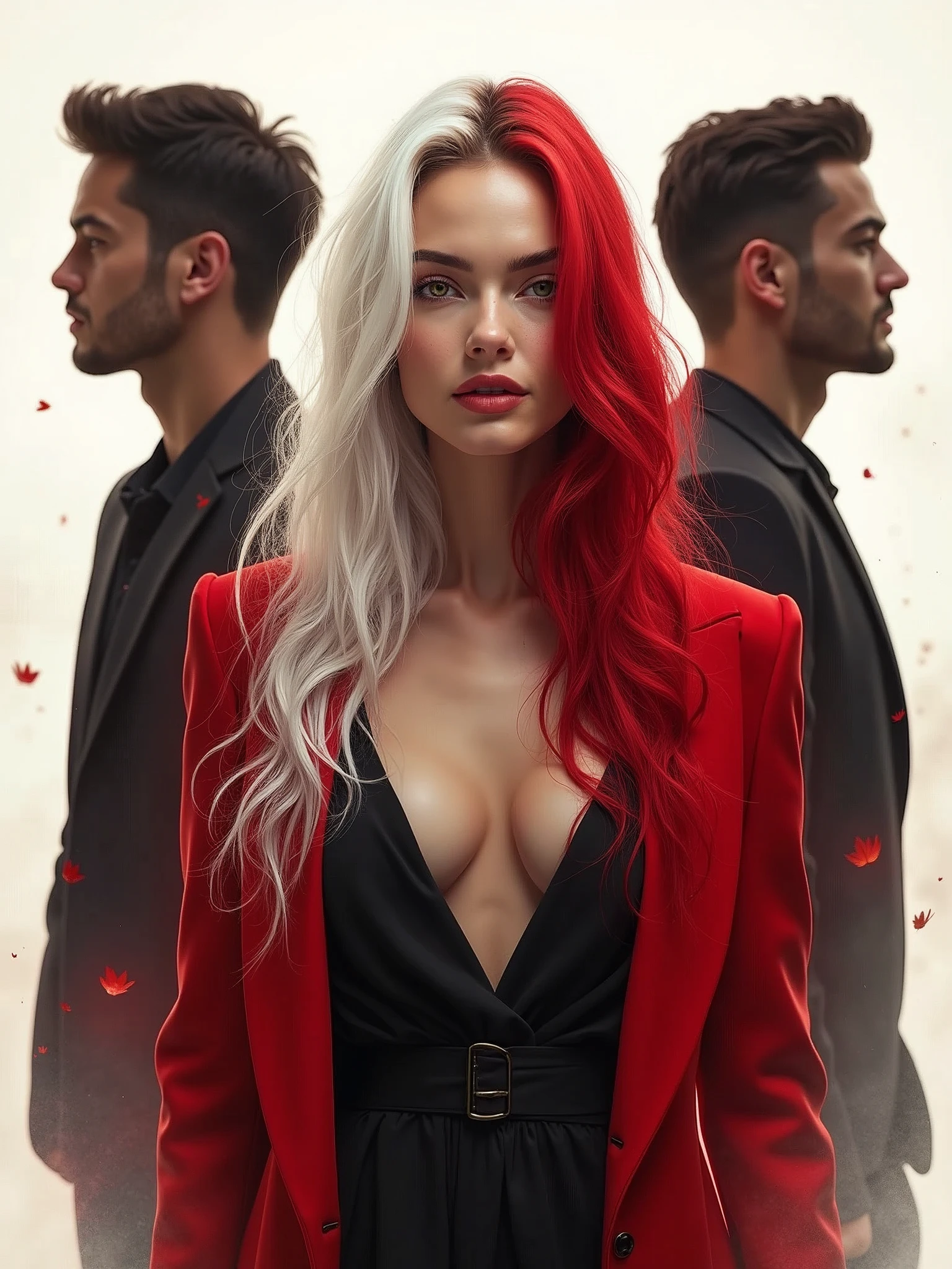 create the cover of a book with a white and red-haired woman in the center and four silhouettes of white and light blonde men behind her, image with white background and details in shades of red and metallic gold the story is a modern romance