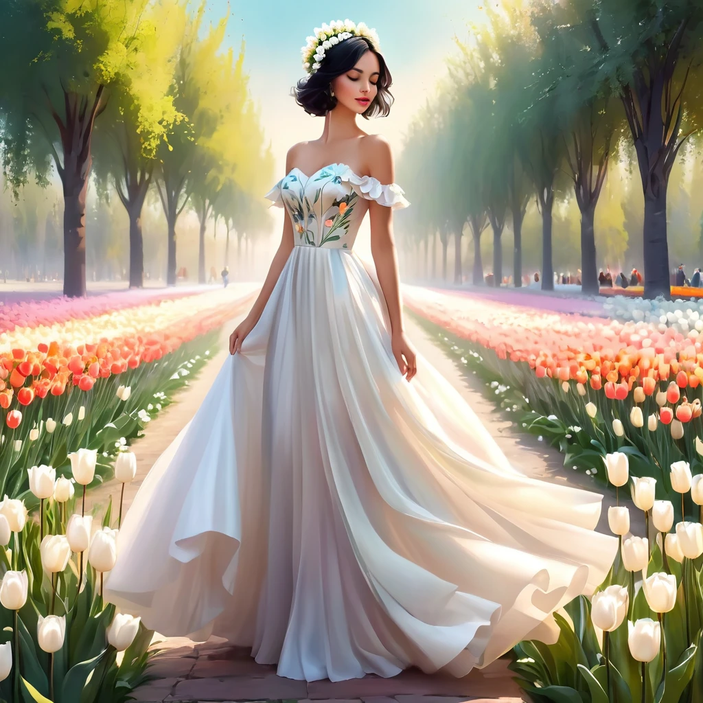 Одна в синем dress,full length, slim figure,Image of Arafah woman with a flower on her head, exquisite digital illustration, beautiful digital illustration, elegant digital painting, Beautiful digital artwork, beautiful artwork illustration, digital art of elegance, Stand elegantly on the tulip , В великолепном dress, inspired by Igor Kerylyuk, Lee Song, beautiful digital art,Donate, 1girll, dress, solo, flower, short hair,Белое dress, White tulips, black hair, bare shoulders, profile, Pastel theme, Длинные dress, standing, full body, strapless dress, Without straps, from the side, closed eyes, bang, without sleeves, gradient, sleeveless dress, gradientный фон Информация