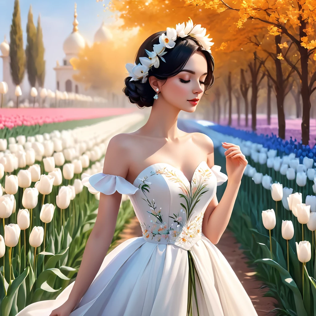 Одна в синем dress，full length, slim figure,Image of Arafah woman with a flower on her head, exquisite digital illustration, beautiful digital illustration, elegant digital painting, Beautiful digital artwork, beautiful artwork illustration, digital art of elegance, Stand elegantly on the tulip , В великолепном dress, inspired by Igor Kerylyuk, Lee Song, beautiful digital art，Donate, 1girll, dress, solo, flower, short hair,Белое dress, White tulips, black hair, bare shoulders, profile, Pastel theme, Длинные dress, standing, full body, strapless dress, Without straps, from the side, closed eyes, bang, without sleeves, gradient, sleeveless dress, gradientный фон Информация