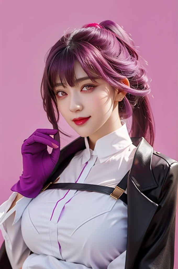 1girl, bangs, closed mouth, eyewear on head, gloves, jacket, large breasts, long hair, long sleeves, looking at viewer, pink eyes, ponytail, purple background, purple eyes, purple hair, shirt, smile, solo, star-kafka, sunglasses, tinted eyewear, upper body, white shirt,mature female,(masterpiece),(best quality)