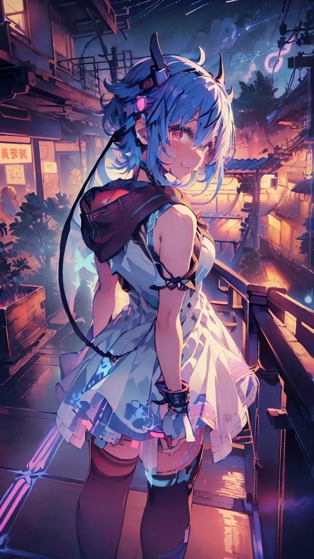 masterpiece, Highest quality, High resolution, Very detailed,(((Mikoto Naruka))), (((night)))、(((laughing。)))、(((Standing in the distance))), (((Facing forward。))), (((Back view))), (((electric wire))), (((Electric pole))), (((Wearing a white dress。))), (((Balcony))), (((handrail))), (((Against the background of the starry sky))), (((Blushing。))), (((cyber punk)))