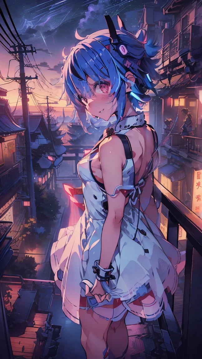 masterpiece, Highest quality, High resolution, Very detailed,(((Mikoto Naruka))), (((night)))、(((laughing。)))、(((Standing in the distance))), (((Facing forward。))), (((Back view))), (((electric wire))), (((Electric pole))), (((Wearing a white dress。))), (((Balcony))), (((handrail))), (((Against the background of the starry sky))), (((Blushing。))), (((cyber punk)))