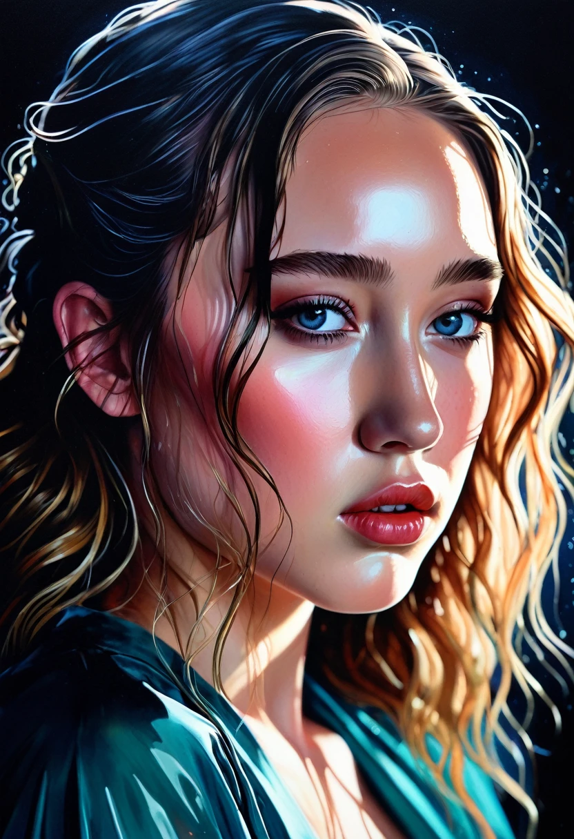 chiaroscuro technique in sensual illustration of an elegant girl (((Alycia Jasmin Debnam-Carey))), wet hair loli, ancient, mysterious, matte paint, by Hannah Dale, By Harumi Hironaka, extremely soft colors, Vibrant, Very detailed, Digital Illustrations , high contrast, dramatic, refined, tonal, facial expression