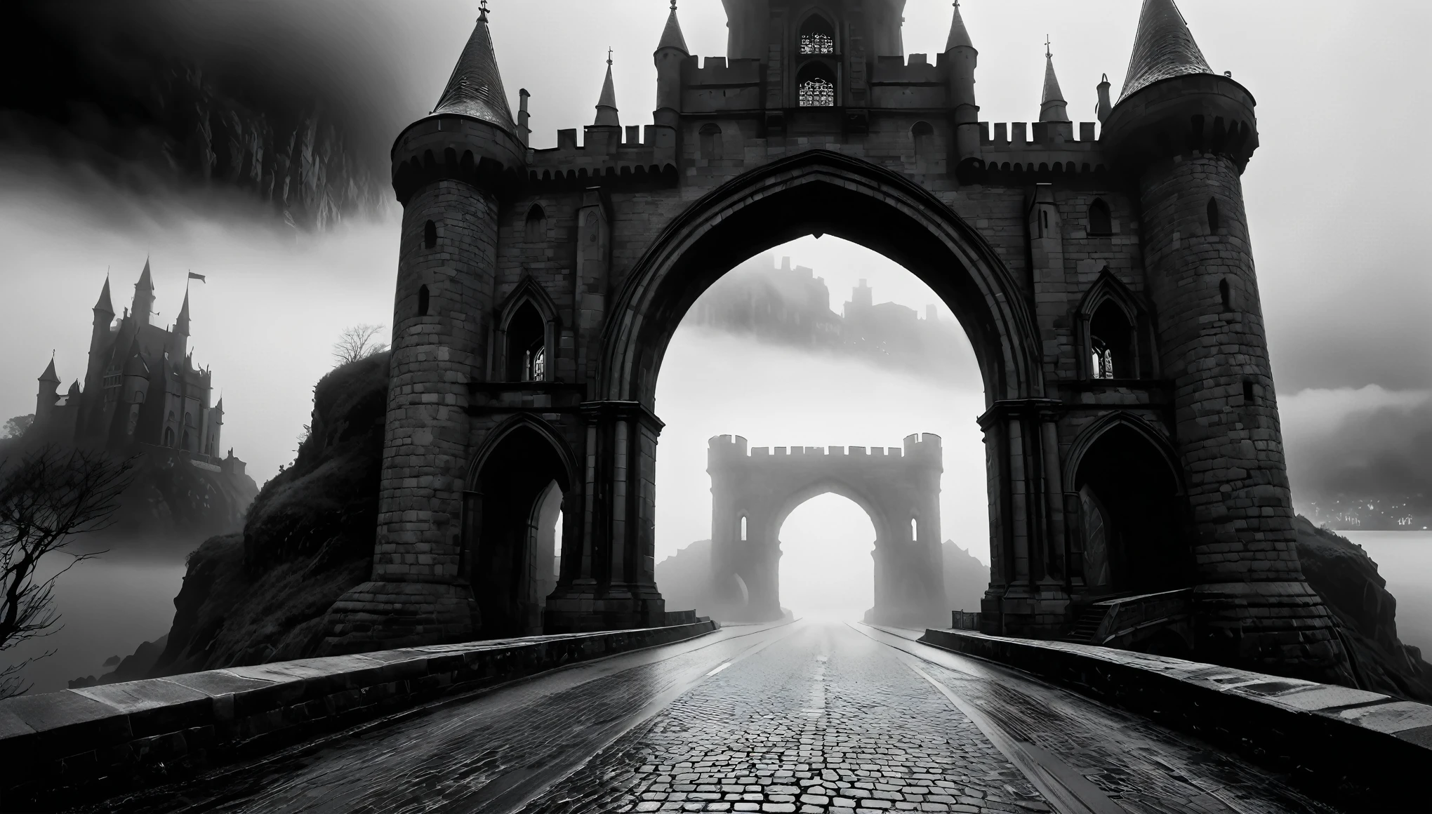  anime aestetics, anime scenery, gigantic stone arch, the sea on the left, foggy day, white mist over the town, gothic castle in the far behind the arch, black and white stone, epic structure, dark fantasy aestetics, road leading to the sea under the arch, wallpapr, fisheye, perspective, atmospheric perspective, wide shot, highres, best quality, award winning, 8k, 4K, super detail, masterpiece, UHD