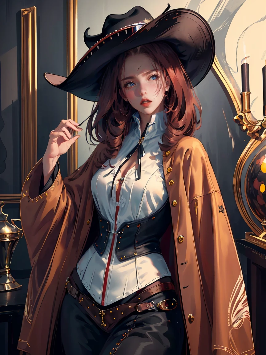 Long dark red hair, dark brown eyes, gloss lips, front look, close up, portrait, beautiful eyes, wearing a male white suit, big white, curly hair cut, clear skin, young 30 years girl, adult girl, solo, very long hair, ankle length hair, handsome older WOMAN,Hyperresolution,accuracy,Detailed rendering,(Image of fine hair)(topquality)(Masterpieces of masters)(High degree of completeness)(A sense of atmosphere)tmasterpiece,Super detailed and super detailed(((half-body portrait)))(((Older woman))) (((Western girl))), (((Cowgirl))) (((Cowboy hat))) (((Gunslinger)))(((Better hands)))(((Black outfit)))(((Dark brown eyes)))(((Ankle length hair)))(((Black horse)))(((Wild West))