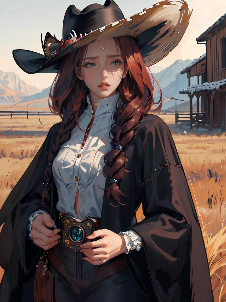Long dark red hair, dark brown eyes, gloss lips, front look, close up, portrait, beautiful eyes, wearing a male white suit, big white, curly hair cut, clear skin, young 30 years girl, adult girl, solo, very long hair, ankle length hair, handsome older WOMAN,Hyperresolution,accuracy,Detailed rendering,(Image of fine hair)(topquality)(Masterpieces of masters)(High degree of completeness)(A sense of atmosphere)tmasterpiece,Super detailed and super detailed(((half-body portrait)))(((Older woman))) (((Western girl))), (((Cowgirl))) (((Cowboy hat))) (((Gunslinger)))(((Better hands)))(((Black outfit)))(((Dark brown eyes)))(((Ankle length hair)))(((Black horse)))(((Wild West))